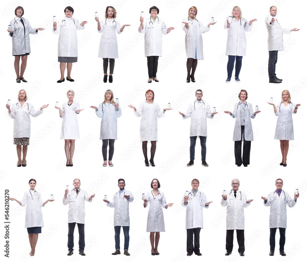 group of doctors holding jar isolated on white group of doctors holding jar isolated on white