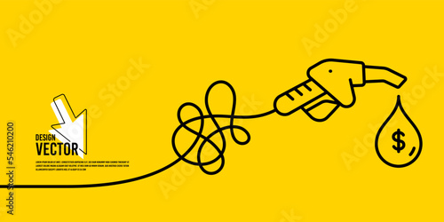 Gasoline pump nozzle line icon. Fuel pump petrol station background. Refuel service illustration. Petrol refuel yellow background. Expensive diesel fuel. Continuous line banner. Vector