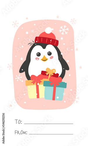 Wallpaper Mural New Year's card greeting tag add to the package with a signature from the donor with a cute penguin and gifts Torontodigital.ca