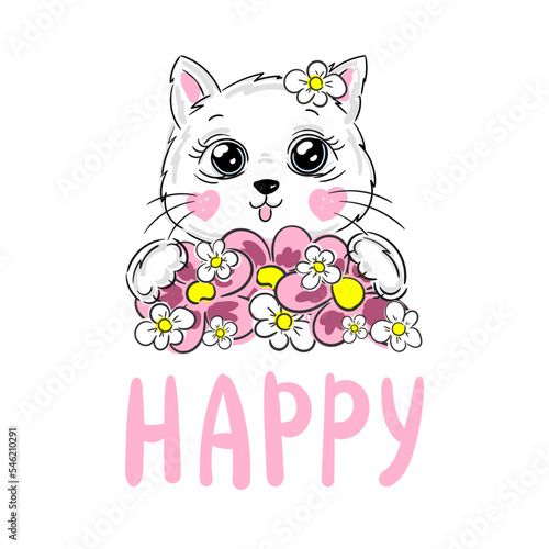 Hello Cat cute kids print Print T-shirt, Inscription, vector poster, nursery illustration, cute cat face, hand lettering hello text
