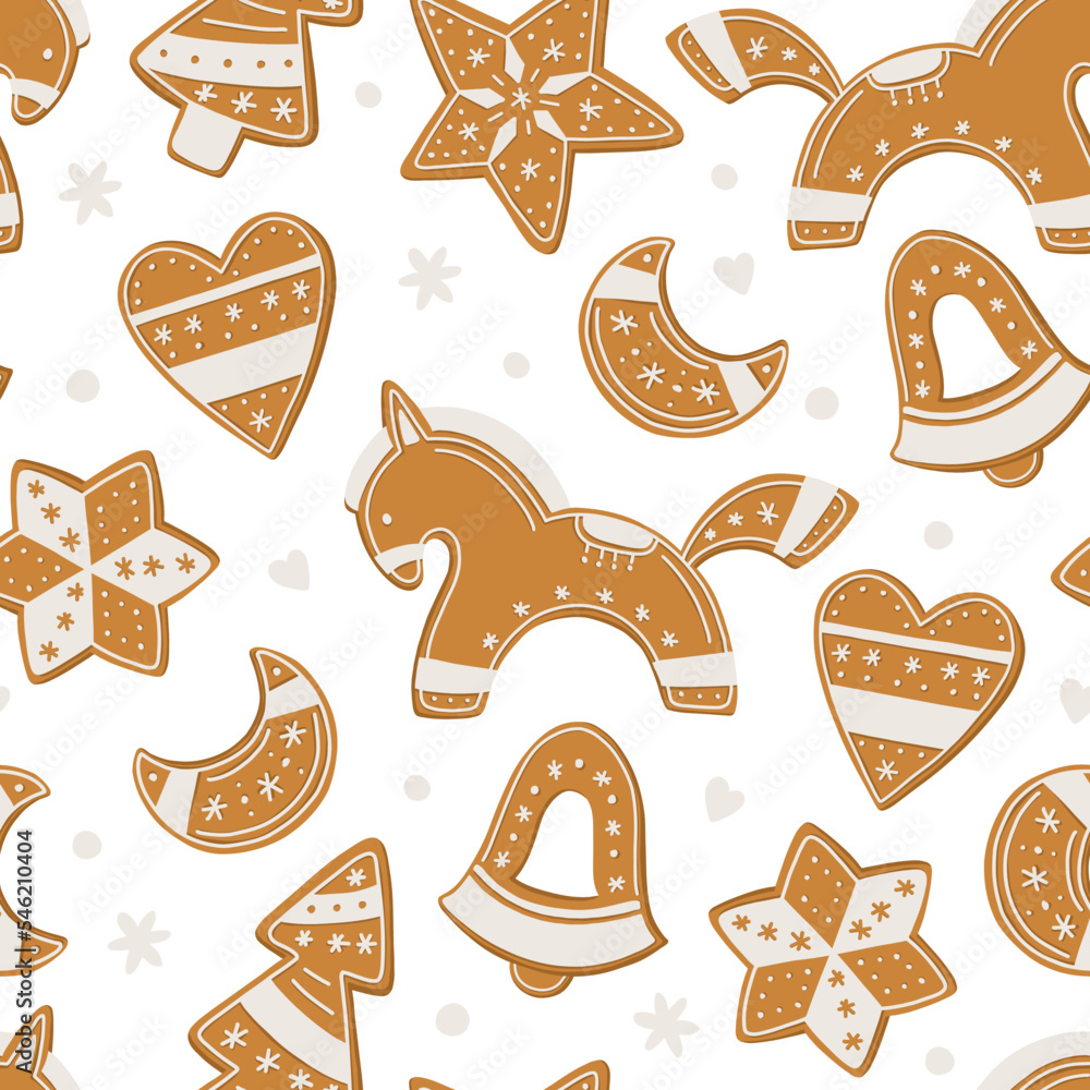 Seamless New Year's pattern with ginger cookies of different shapes. Ginger cookies of various shapes - moon, Christmas tree, star, heart, horse, bell. Christmas illustration.