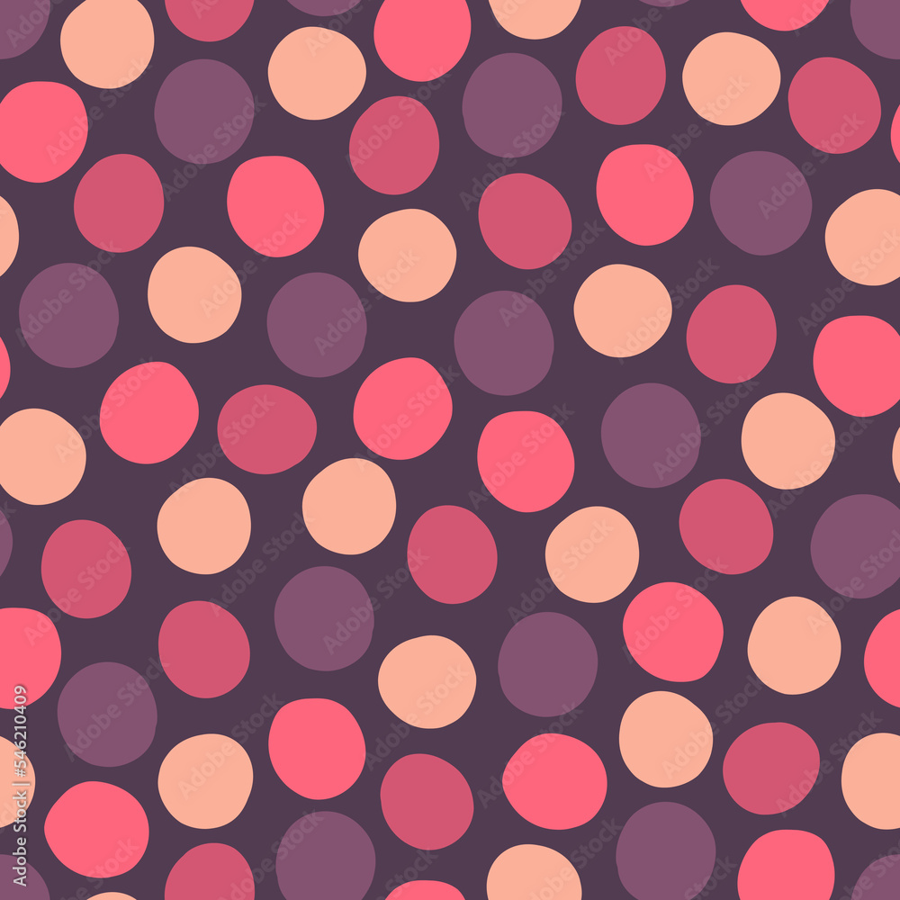Seamless pattern with multicolored polka dots of arbitrary shape on a dark background. Endless sprint with pink and purple abstract circles Seamless pattern with multicolored polka dots of arbitrary shape on a dark background. Endless sprint with pink and purple abstract circles