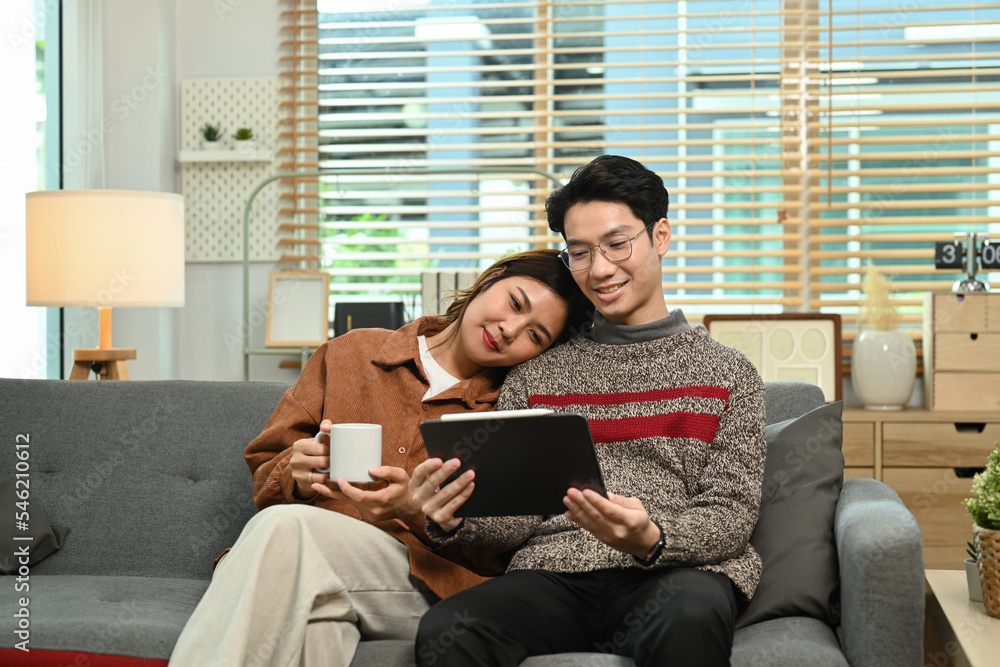 Loving young asian couple watching video or browsing internet on digital tablet while sitting in cozy living room Loving young asian couple watching video or browsing internet on digital tablet while sitting in cozy living room