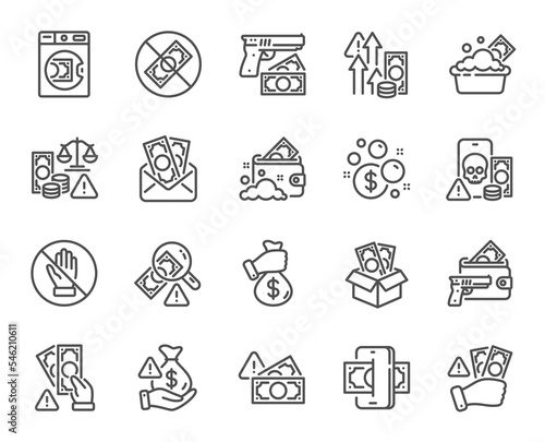 Money crime line icons. Fraud, Online thief and Steal cash set. Phishing robbery, launder money crime and tax offense line icons. Financial evasion, online fraud and wallet cash. Vector