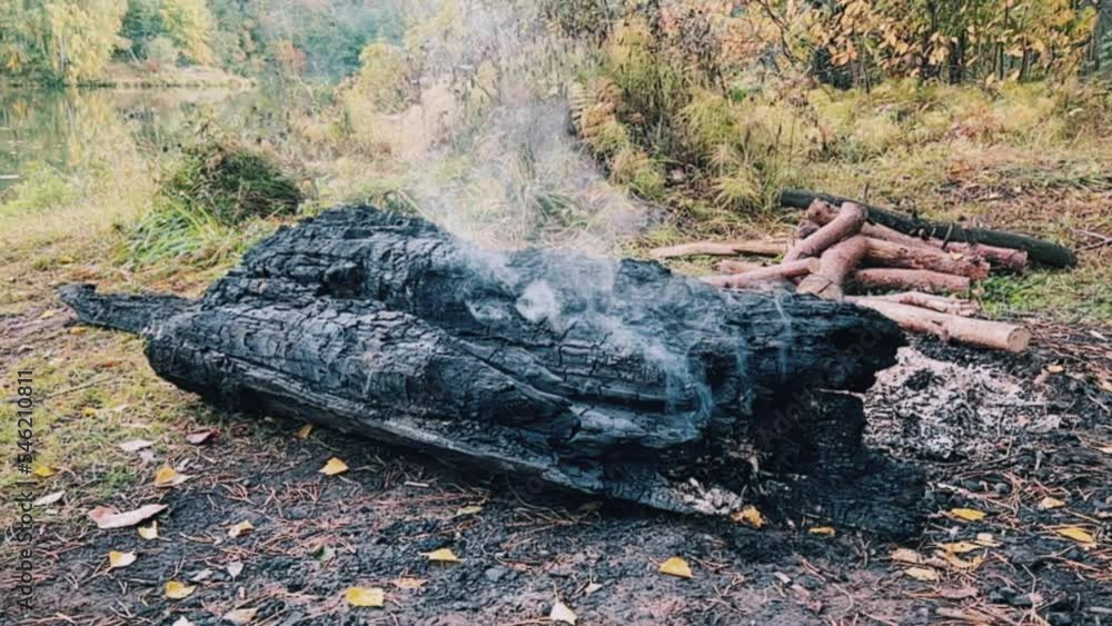 A log is smoking in the fire pit of an extinct campfire at the lake ...
