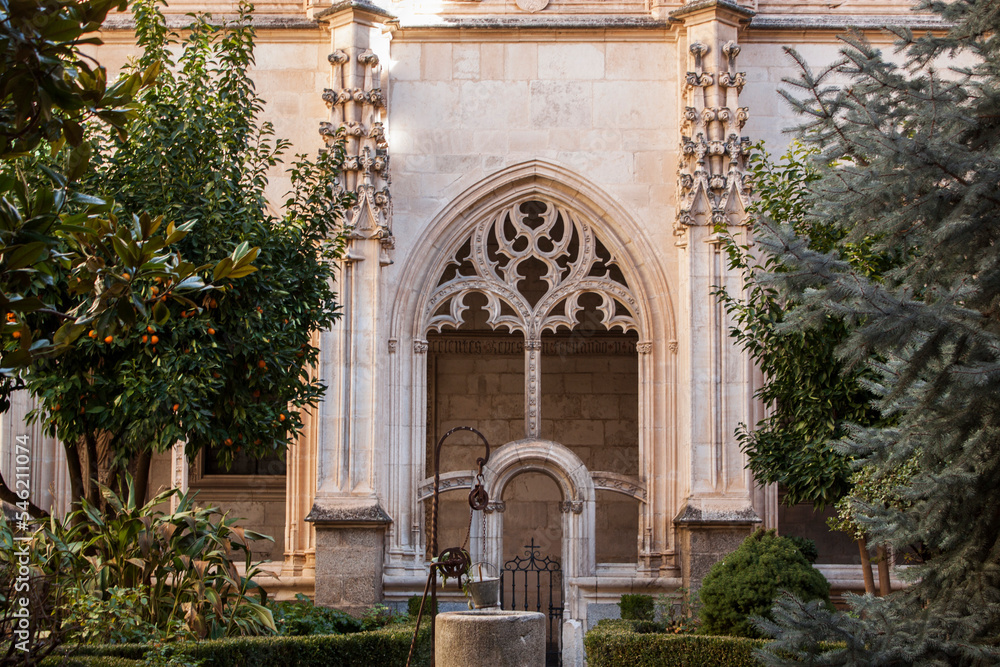Fototapeta premium Ancient gothic ornaments, medieval walls of Monastery of Saint John of the Monarchs in the old town of Toledo, the former capital of Spain, in Castile–La Mancha region, Europe.