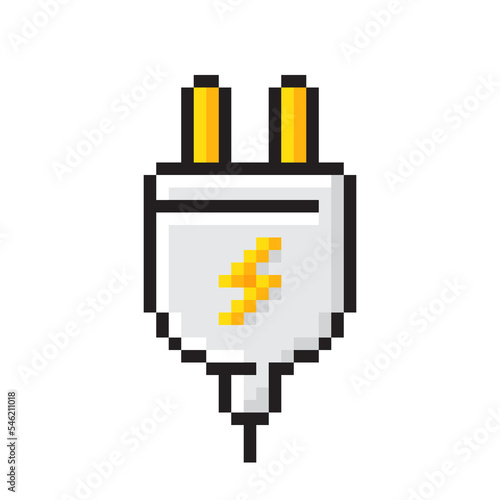 Pixel art plug icon. Electric energy socket. Electricity power adapter with lightning bolt. Game design charge icon. Energy plug with cord symbol. Retro electricity power. Vector
