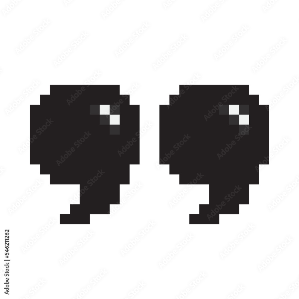 Obraz premium Pixel art quote marks icon. Discussion comma, news quotation and comment message. Game design quote icon. Black quotation marks. Isolated discussion comma. Vector