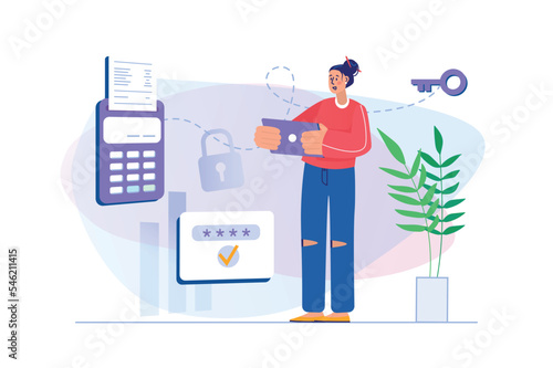 Secure payment concept with people scene in flat design.