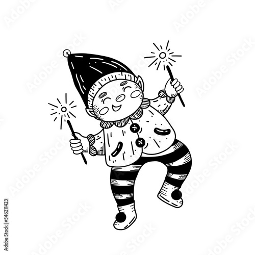 Funny vector elf with sparkles in his hands. He is happy to greeting Christmas holiday.