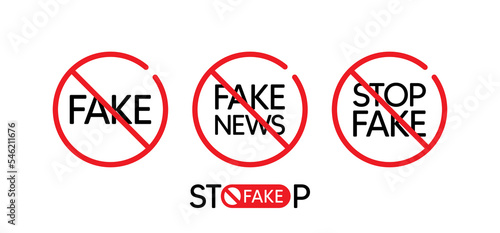 Fake news stamp icons. Stop fake news and propaganda on tv and social media. Disinformation, false information and counterfeit. Stop lie in social media. Online propaganda. Vector