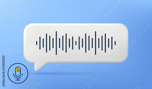 Voice message chat bubble icon with sound wave and microphone. Record audio message. 3d speech bubble with mic. Podcast voice audio record. Music track sound wave. Vector