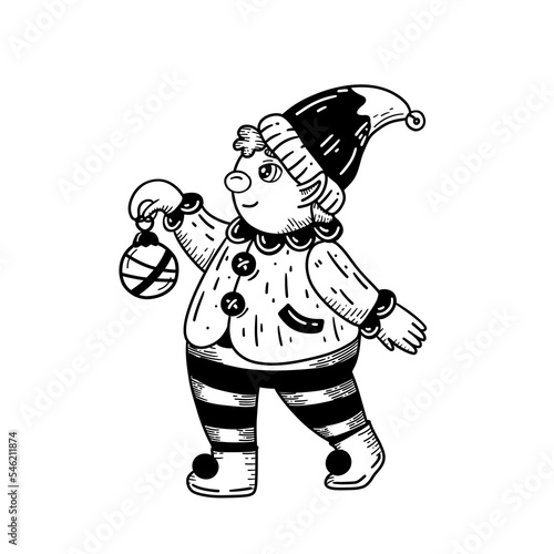 Vintage elf with christmas ball. He want to decorate vintage holiday tree