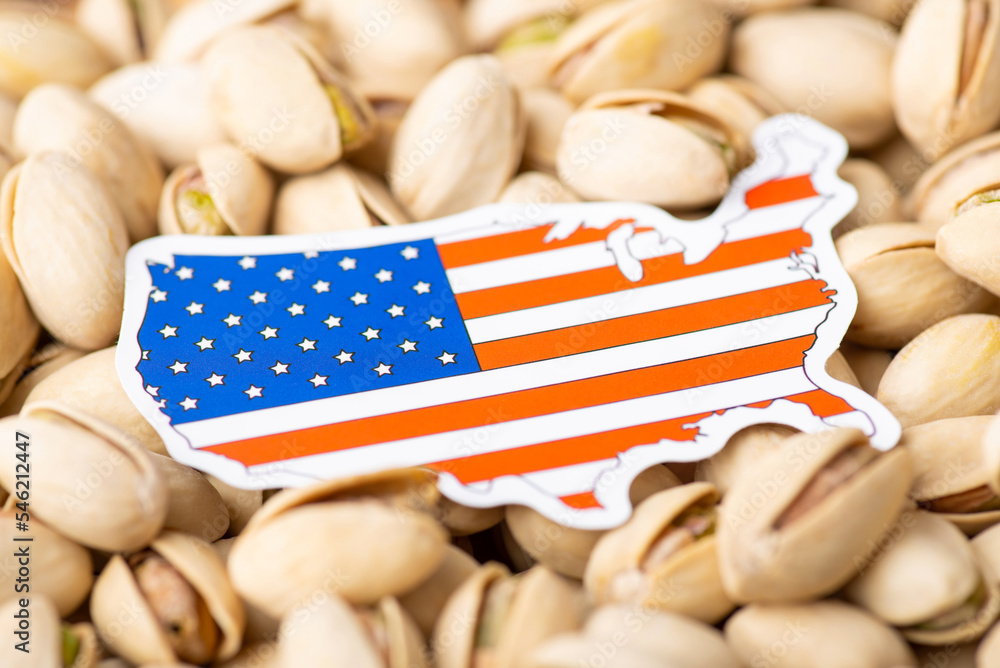 Flag and map of USA on pistachios. Origin of pistachios, growing nuts