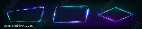 Set of three neon double frames with shining effects
