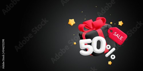 3d vector 50% off discount sale tag with floating black square closed present gift box with red ribbon bow , white percent symbol banner design