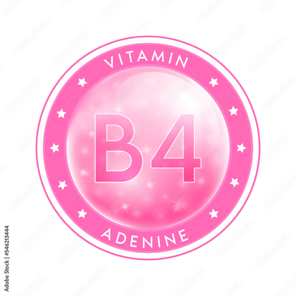 Water vitamin B4 drop label pink. Sign icon logo and badge. Isolated on white background. For designing food or beauty products. Medical healthcare and Drug business marketing ads concept. Vector. Water vitamin B4 drop label pink. Sign icon logo and badge. Isolated on white background. For designing food or beauty products. Medical healthcare and Drug business marketing ads concept. Vector.