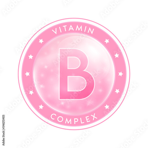 Water vitamin B drop label pink. Sign icon logo and badge. Isolated on white background. For designing food or beauty products. Medical healthcare and Drug business marketing ads concept. Vector.