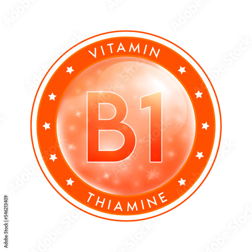 Water vitamin B1 drop label orange. Sign icon logo and badge. Isolated on white background. For designing food or beauty products. Medical healthcare and Drug business marketing ads concept. Vector.