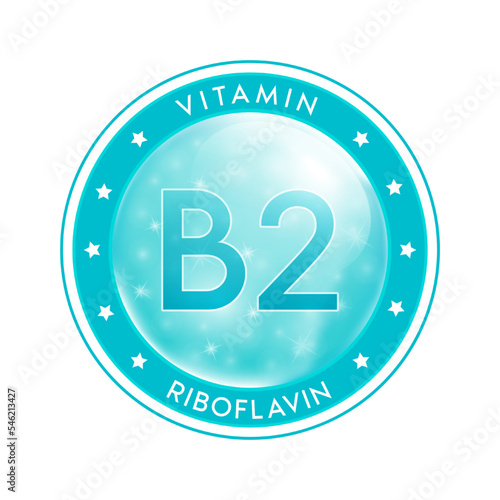 Water vitamin B2 drop label blue. Sign icon logo and badge. Isolated on white background. For designing food or beauty products. Medical healthcare and Drug business marketing ads concept. Vector.