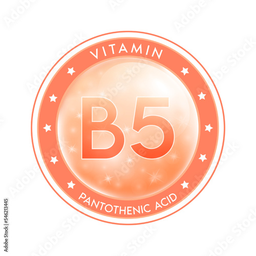 Water vitamin B5 drop label orange. Sign icon logo and badge. Isolated on white background. For designing food or beauty products. Medical healthcare and Drug business marketing ads concept. Vector.