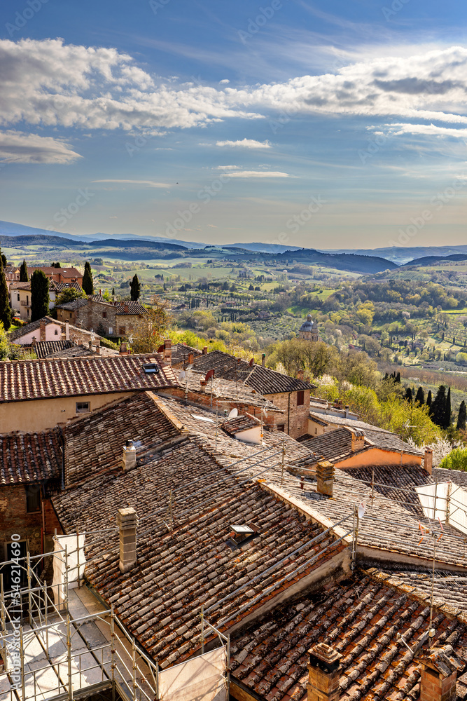 View over the roofs of Montepulciano into the Val d'Orcia in Tuscany, Italy.
