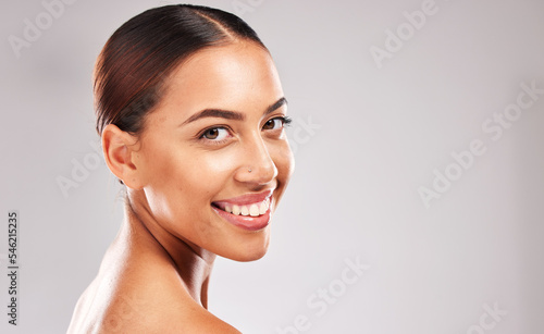 Beauty, skincare portrait and smile of a woman wellness model feeling happy about glow. Girl after dermatology facial, health and cosmetic skin treatment for healthy face with happiness
