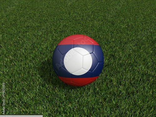 Football in Laos flag  on  green grass.  3d rendering