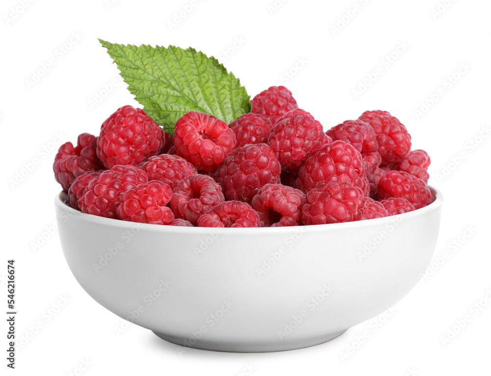 Bowl of fresh ripe raspberries with green leaf isolated on white Bowl of fresh ripe raspberries with green leaf isolated on white