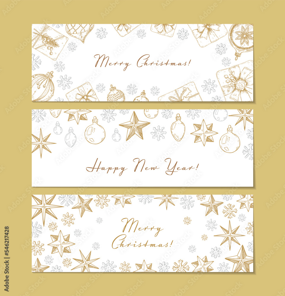 Set of Merry Christmas and Happy New Year horizontal greeting card with hand drawn golden stars and snowflakes. Vector illustration in sketch style. Holiday festive background Set of Merry Christmas and Happy New Year horizontal greeting card with hand drawn golden stars and snowflakes. Vector illustration in sketch style. Holiday festive background