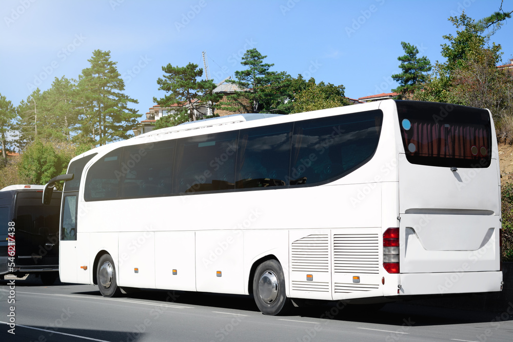 Modern white bus on road outdoors. Public transport - obrazy, fototapety, plakaty 