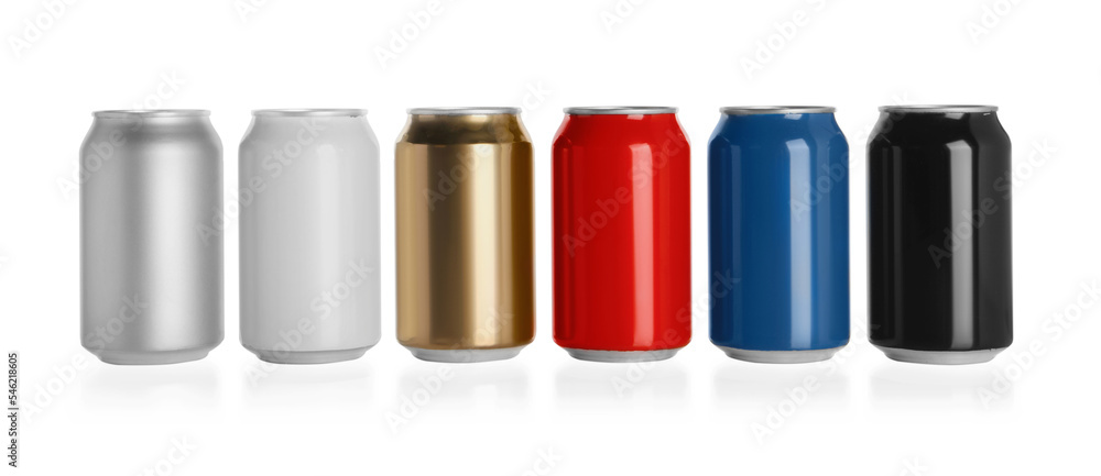 Set of aluminum cans with drinks on white background Set of aluminum cans with drinks on white background