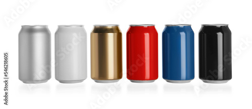 Set of aluminum cans with drinks on white background