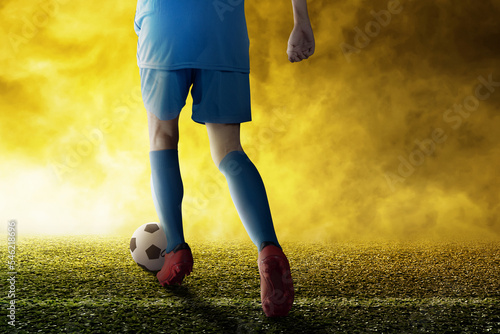 Fototapeta Naklejka Na Ścianę i Meble -  Rear view of a football player man in a blue jersey kicking the ball