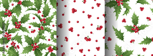 Set of Christmas seamless patterns with holly branches, leaves and berries on a white background. Christmas mood. Suitable for wrapping paper, wallpaper, textile