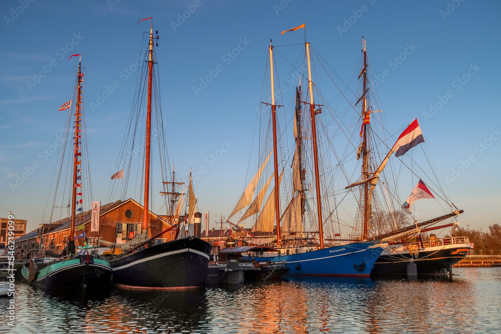 Den Helder, Netherlands. November 2022. Historic ships at the former shipyard in Den helder. Den Helder, Netherlands. November 2022. Historic ships at the former shipyard in Den helder.