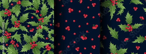Set of Christmas seamless patterns with holly branches, leaves and berries on a dark background. Christmas mood. Suitable for wrapping paper, wallpaper, textile