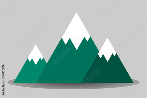 Green mountain range with white snow caps. Three hills. Simple landscape design element. Environemnt protection concept. Nature and outdoors. Winter vacation theme. Vector illustration, flat, clip art