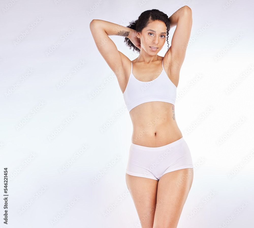 Woman, white background or body underwear in studio exercise diet, Brazilian workout or training progress check. Portrait, beauty or fitness model with lingerie for self love, healthcare or wellness Woman, white background or body underwear in studio exercise diet, Brazilian workout or training progress check. Portrait, beauty or fitness model with lingerie for self love, healthcare or wellness