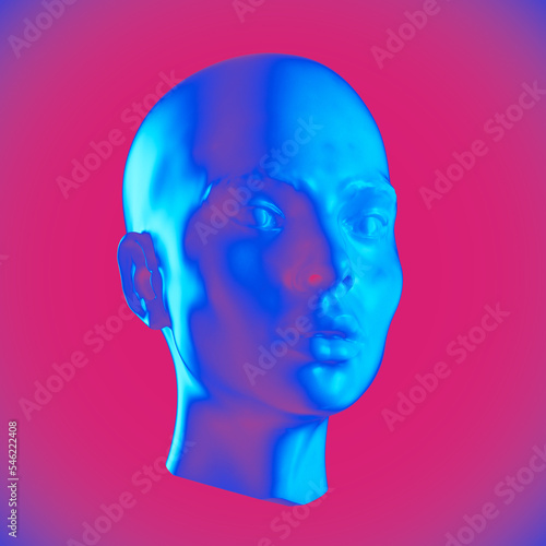 Abstract illustration from 3D rendering of a female head marble sculpture isolated on background in pop psychedelic colors.