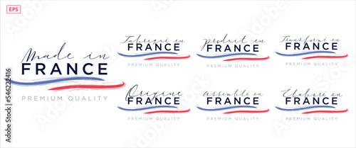 Collection de logo Made in France, fabriqué en France, origine France, élaboré en France, transformé en France, assemblé en France, origine France, avec coq et drapeau sur fond blanc, blue blanc rouge