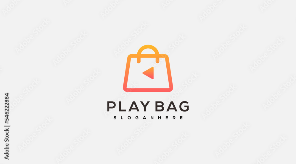 Shopping bag with orange play button logo design Shopping bag with orange play button logo design