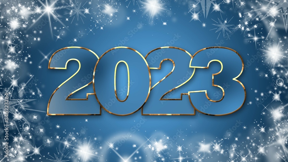 Year 2023 lettering in gold frame on blue background with white stars - 3D Illustration Year 2023 lettering in gold frame on blue background with white stars - 3D Illustration