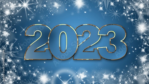Year 2023 lettering in gold frame on blue background with white stars - 3D Illustration