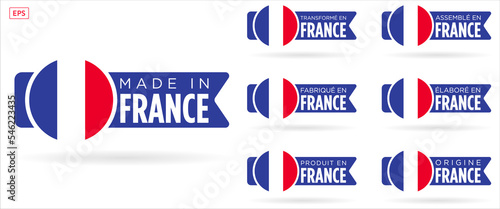 Collection de logo Made in France, fabriqué en France, origine France, élaboré en France, transformé en France, assemblé en France, origine France, avec coq et drapeau sur fond blanc, bleu blanc rouge