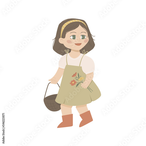 The girl carries a basket and a bouquet of flowers. Pretty little girl walking. Kids outdoor activity. Flat vector cartoon illustration