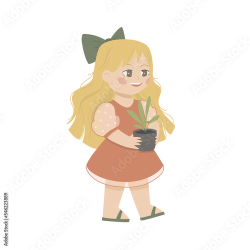 The girl is carrying her house plant. Growing and caring for houseplants in pots. Hobby for a child. Flat vector cartoon illustration