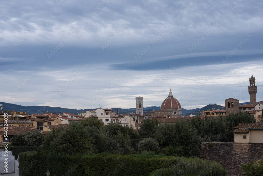 View of the town Florence; Italy. View at the Cathedral Santa Maria del Fiore. Panorama. Background.