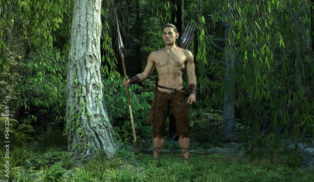 3D Render : Fantasy male elf character is standing in the forest, wild warrior barbarian elf character 3D Render : Fantasy male elf character is standing in the forest, wild warrior barbarian elf character