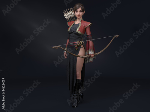 3D Render : portrait of the fantasy female elf character standing in the studio armed with arrows and bow